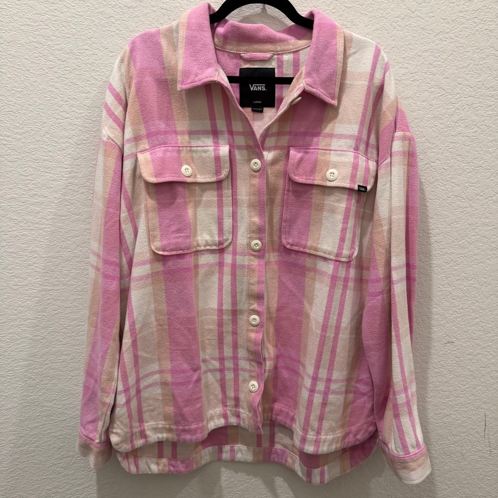 Vans Womens Pink Plaid Flannel Button Down Shirt Shacket Large NWT